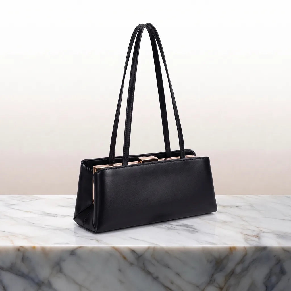 Women's Rectangular Shoulder Bag with Metal Frame Clasp - Black
