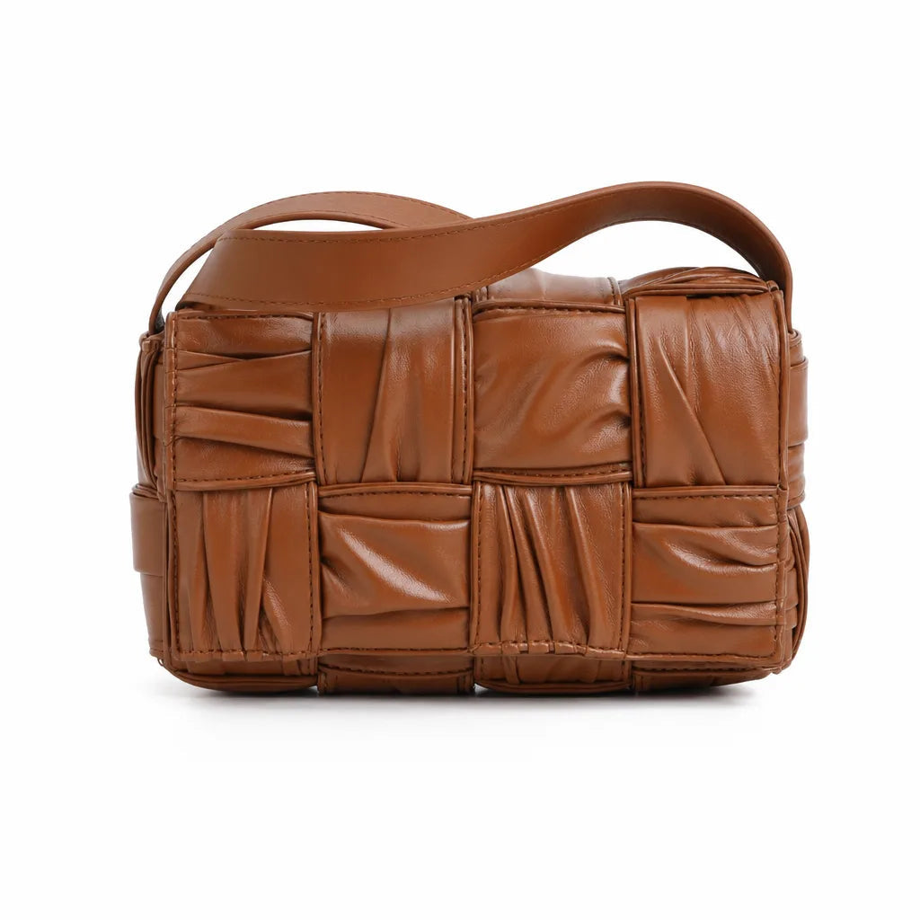 Women's Rectangular Shoulder Bag with Quilted Panels - Brown