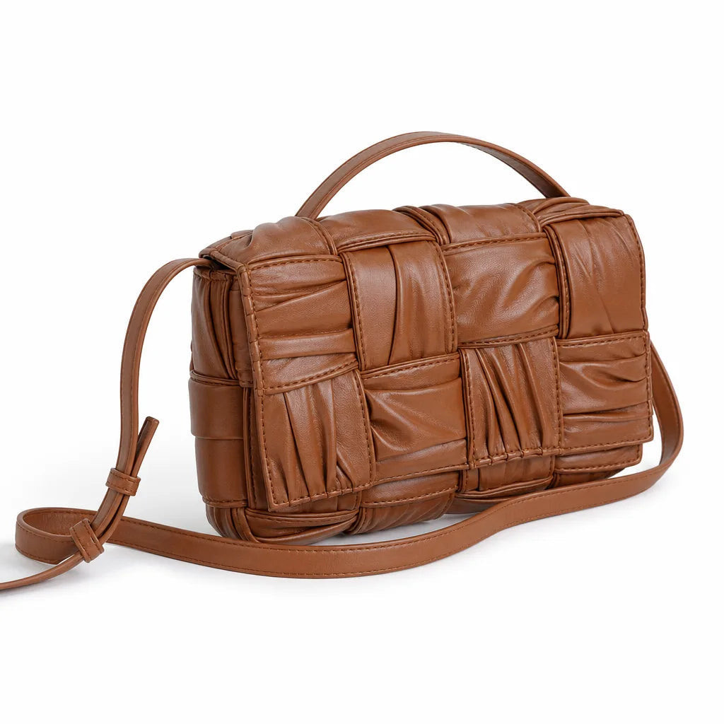 Women's Rectangular Shoulder Bag with Quilted Panels - Brown