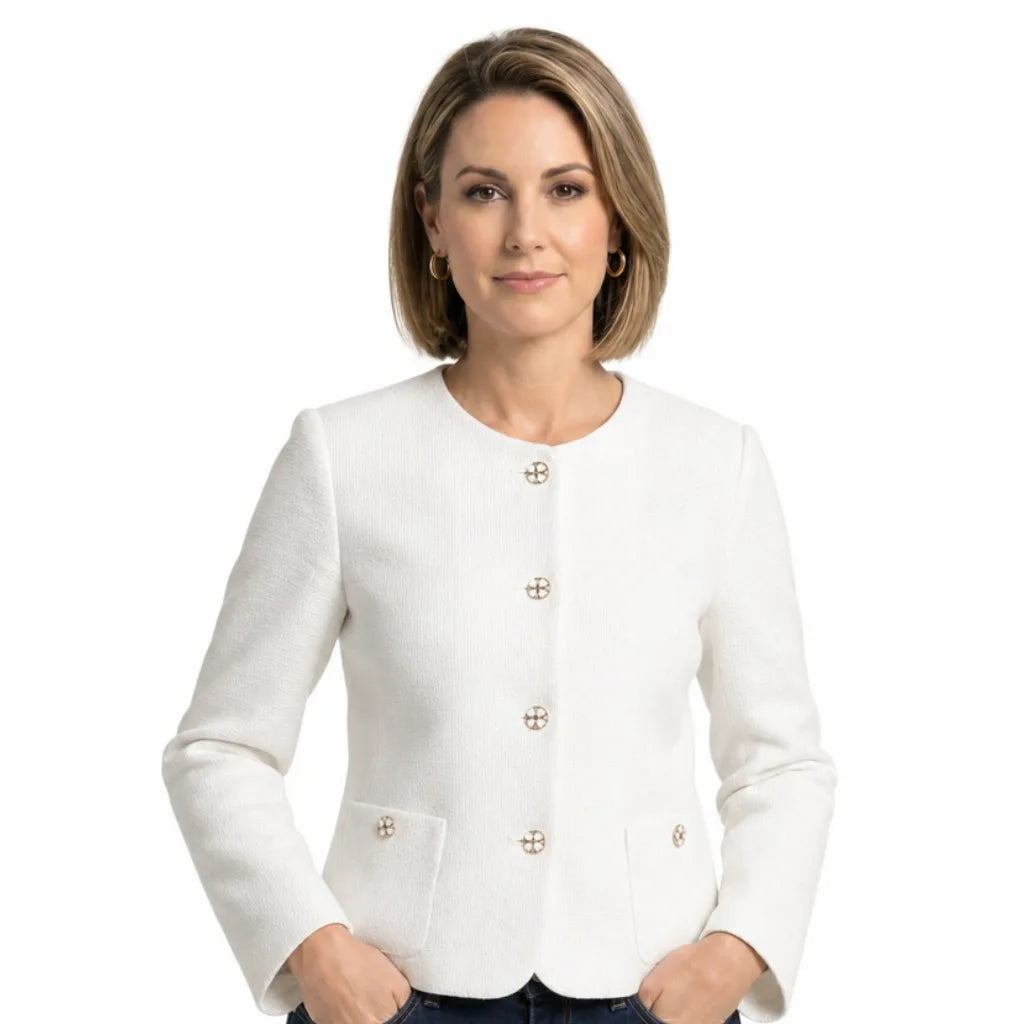 Women's Round Neck Button Jacket with Front Pockets - White
