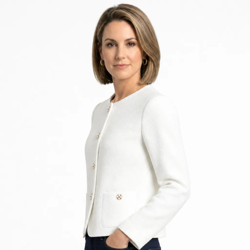 Women's Round Neck Button Jacket with Front Pockets - White