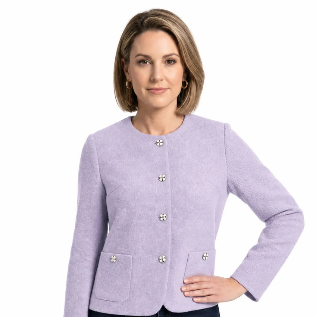 Women's Round Neck Button Jacket with Front Pockets - Violet
