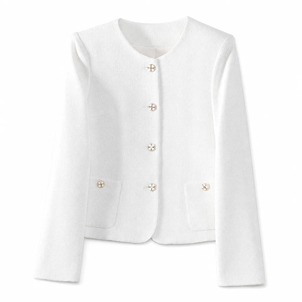 Women's Round Neck Button Jacket with Front Pockets - White