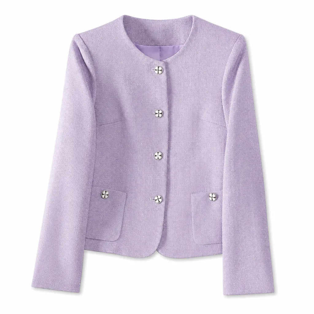 Women's Round Neck Button Jacket with Front Pockets - Violet