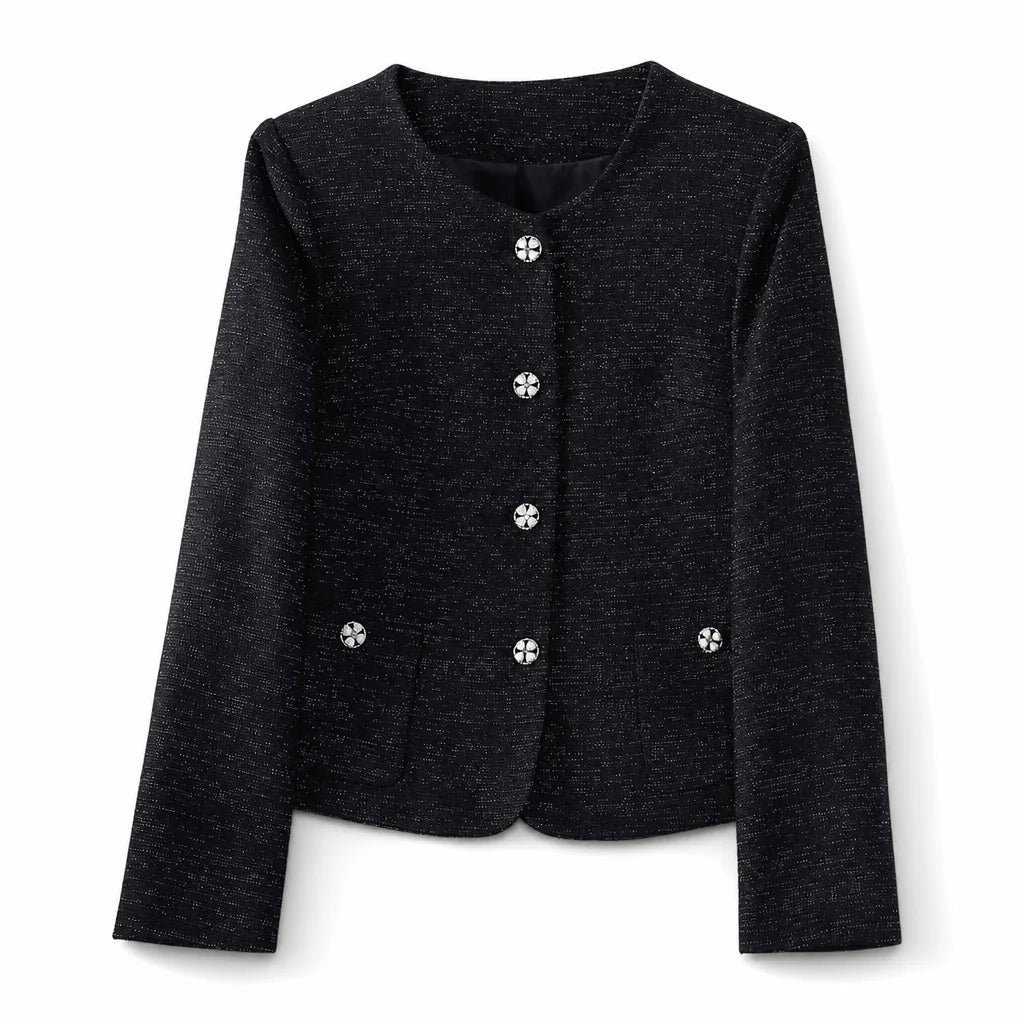 Women's Round Neck Button Jacket with Front Pockets - Black