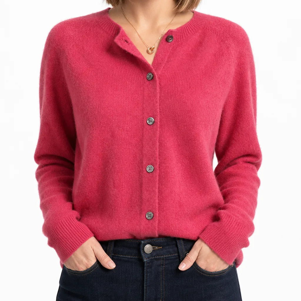 Women's Round Neck Cardigan with Full Button Front - Pink