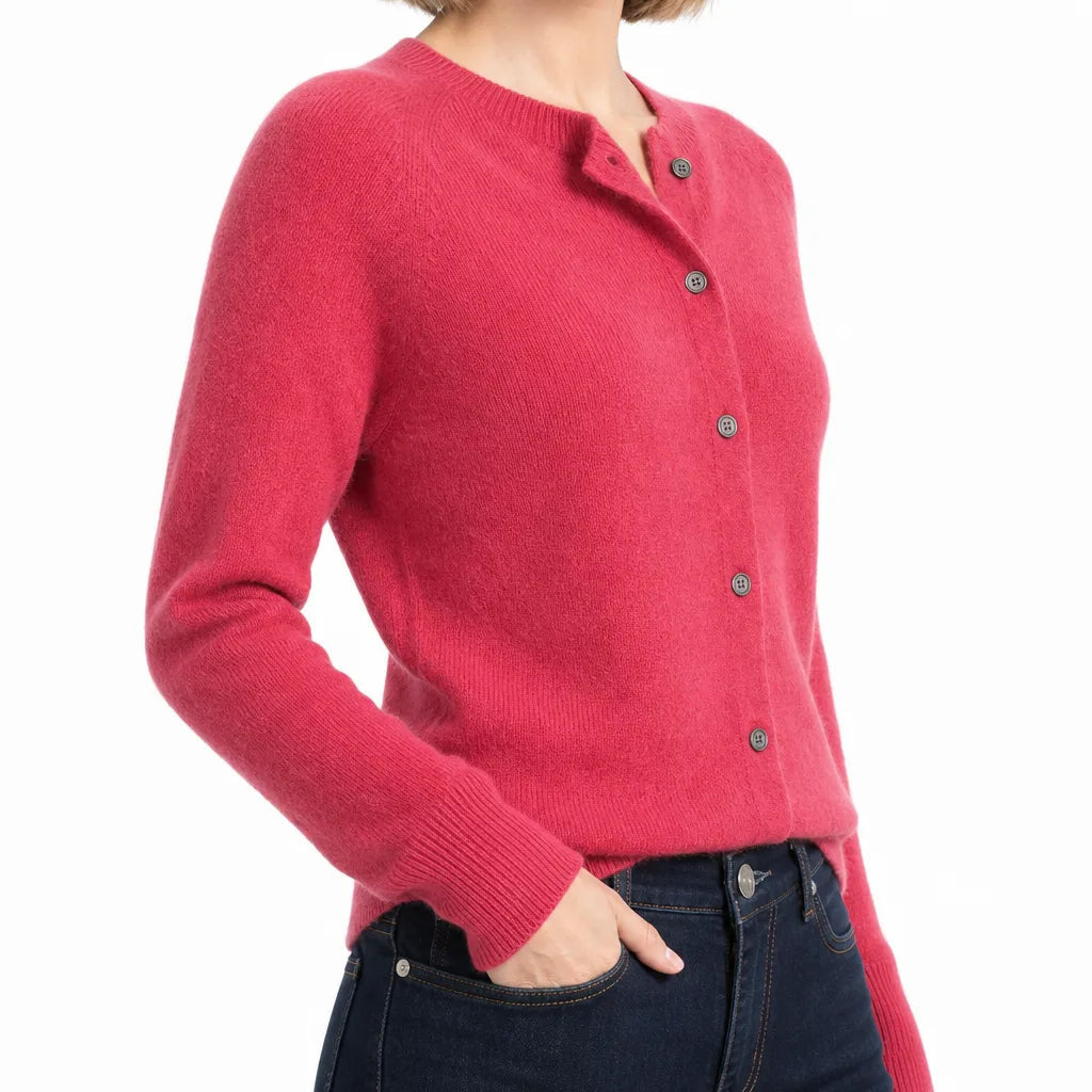 Women's Round Neck Cardigan with Full Button Front - Pink