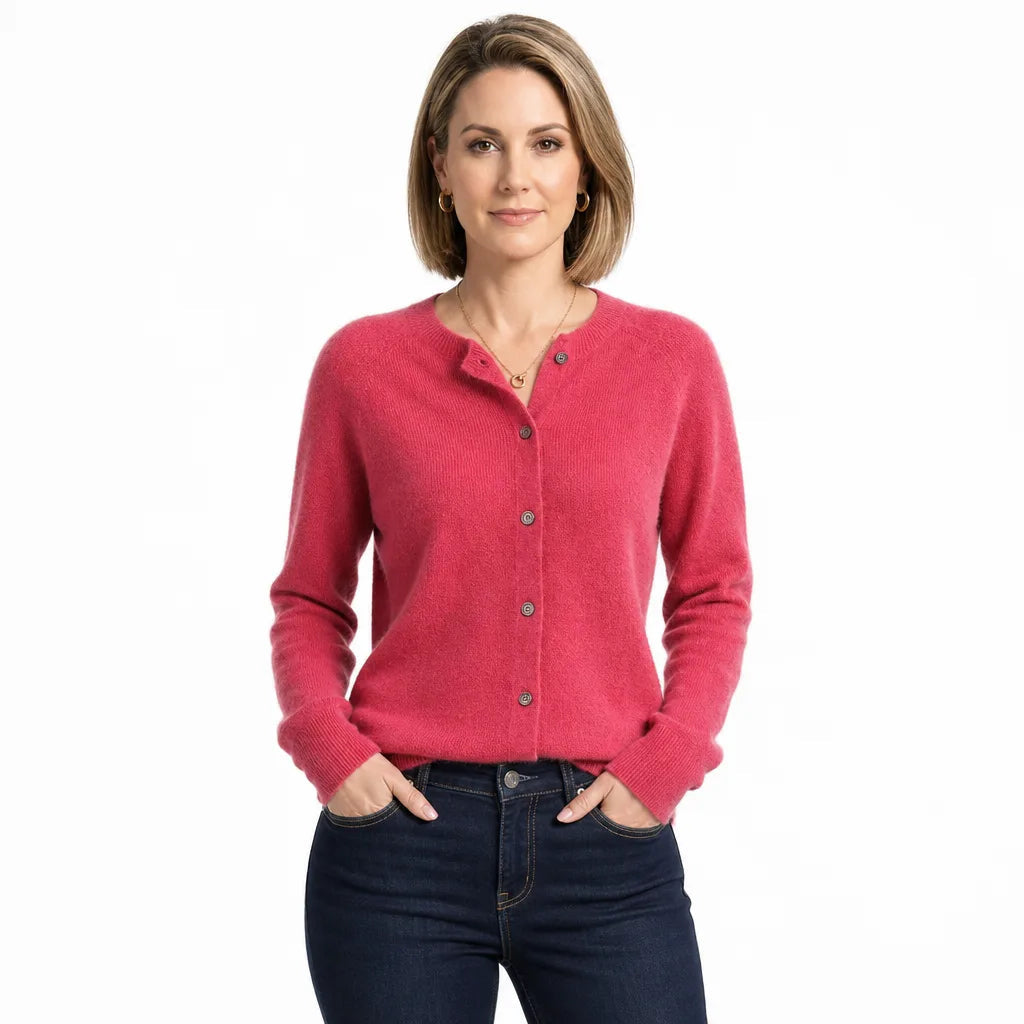 Women's Round Neck Cardigan with Full Button Front - Pink