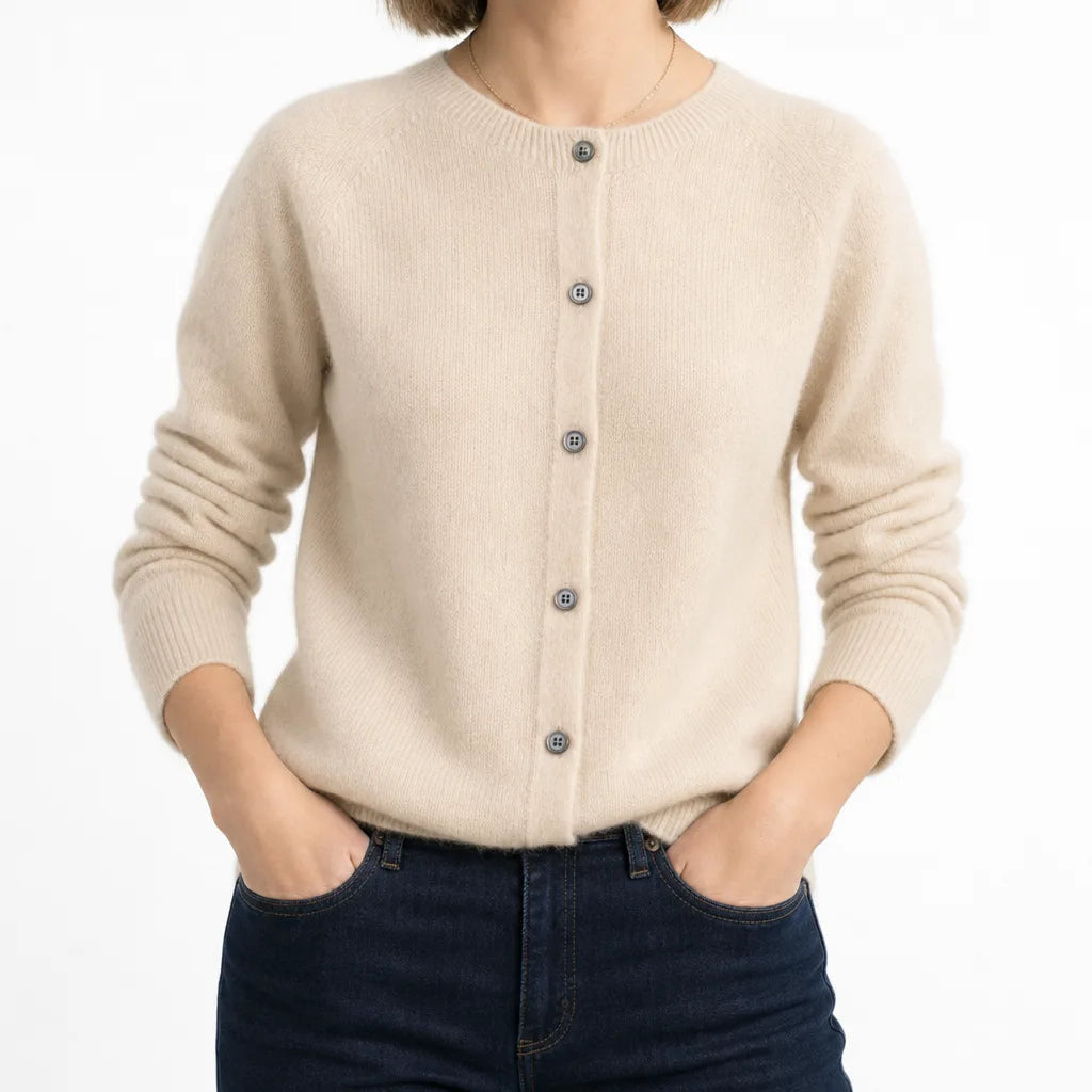 Women's Round Neck Cardigan with Full Button Front - Beige