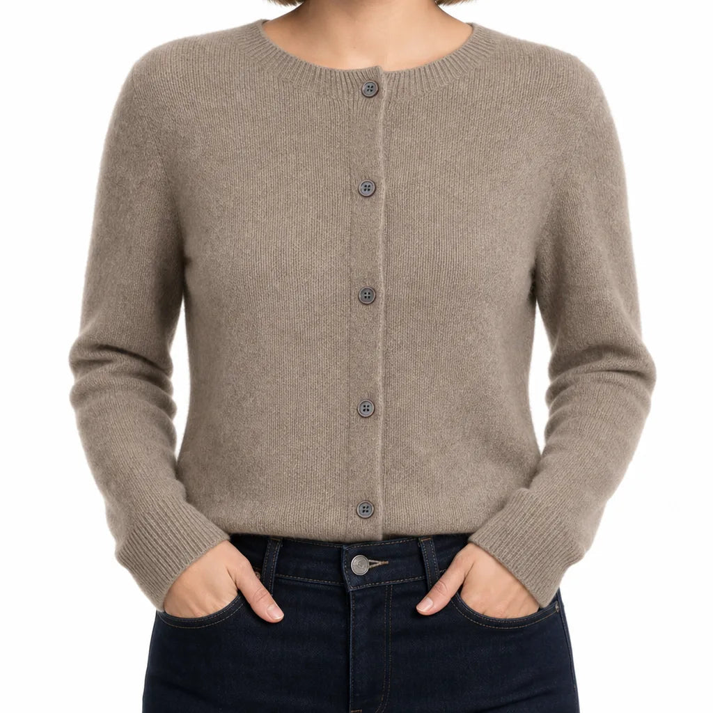 Women's Round Neck Cardigan with Full Button Front - Gray