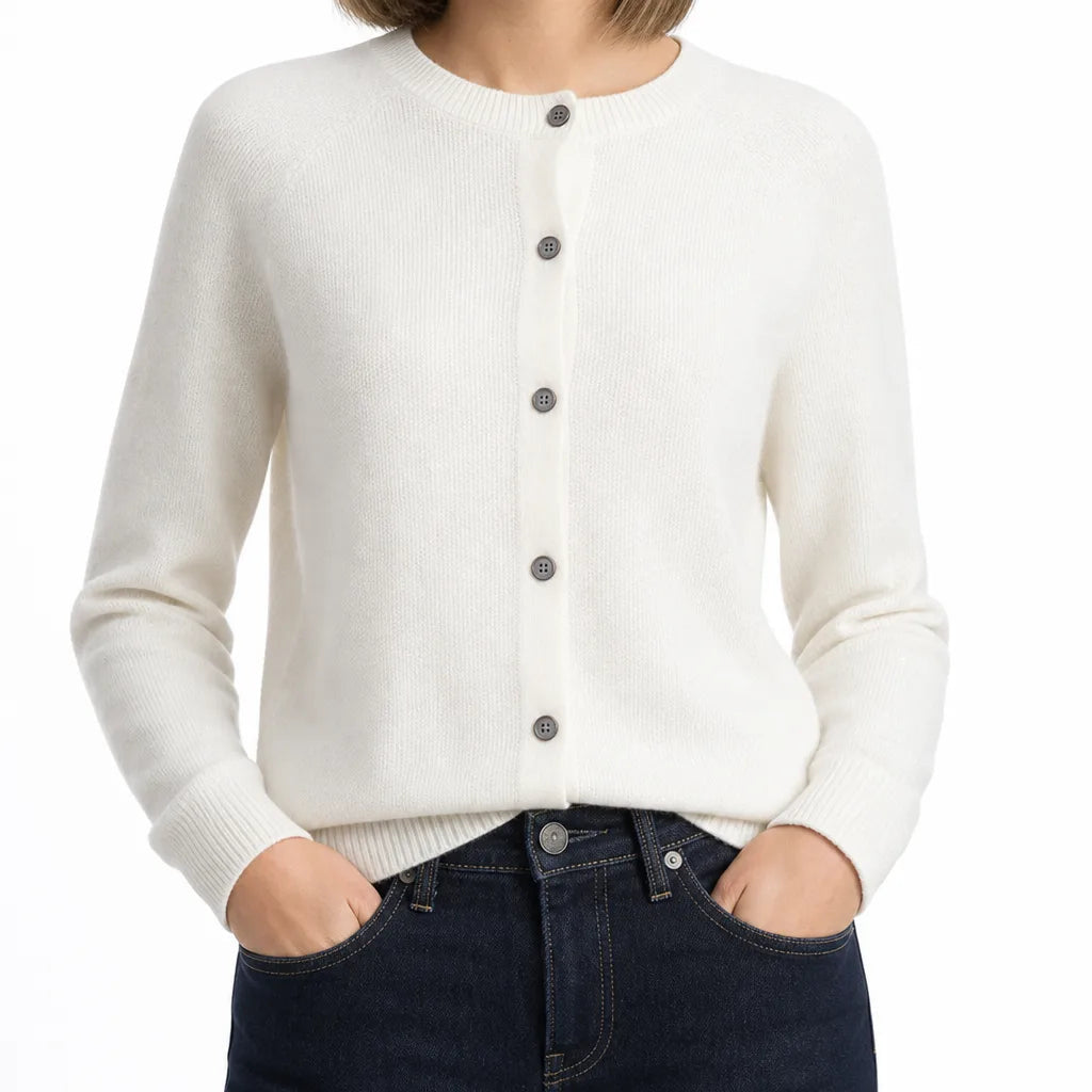 Women's Round Neck Cardigan with Full Button Front - White