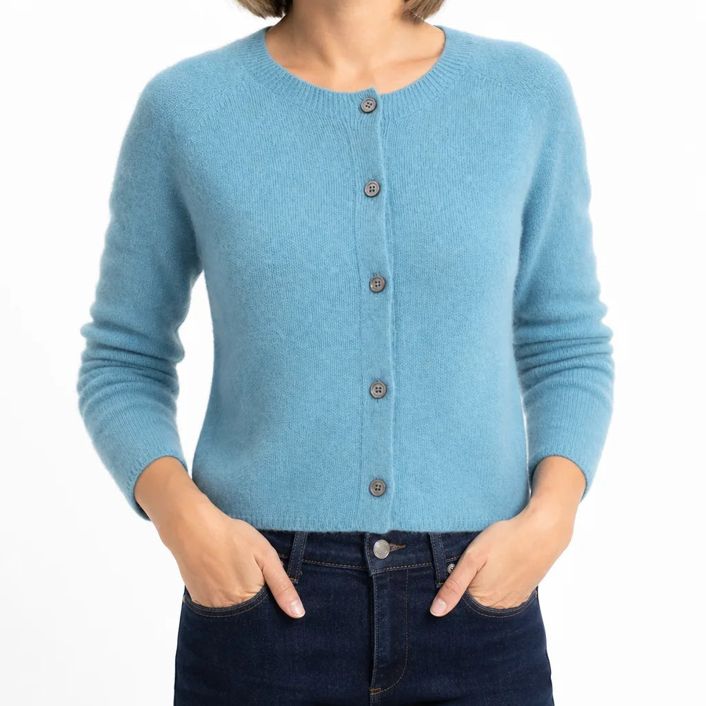 Women's Round Neck Cardigan with Full Button Front - Blue