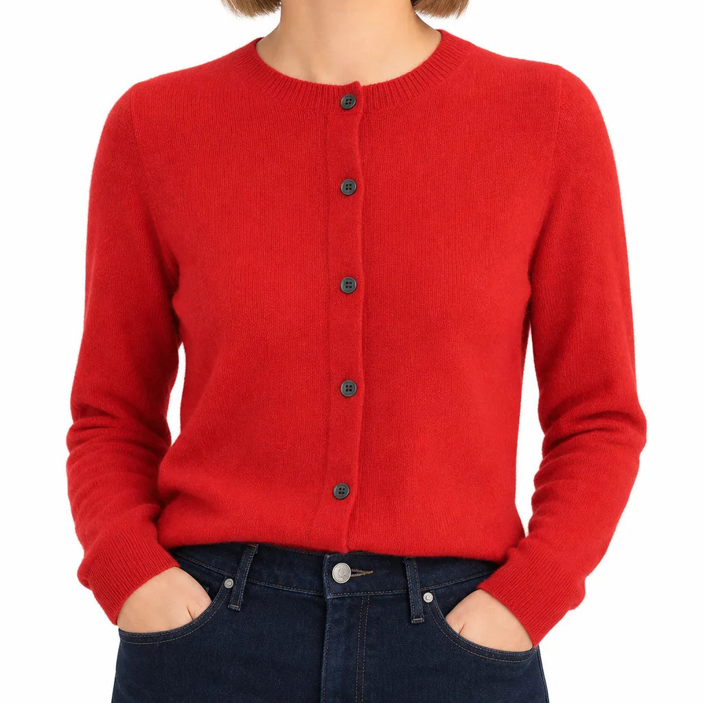Women's Round Neck Cardigan with Full Button Front - Red