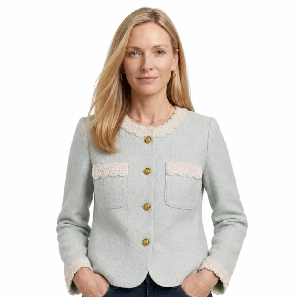Women's Round Neck Jacket with Contrast Pocket Trim - Light Green