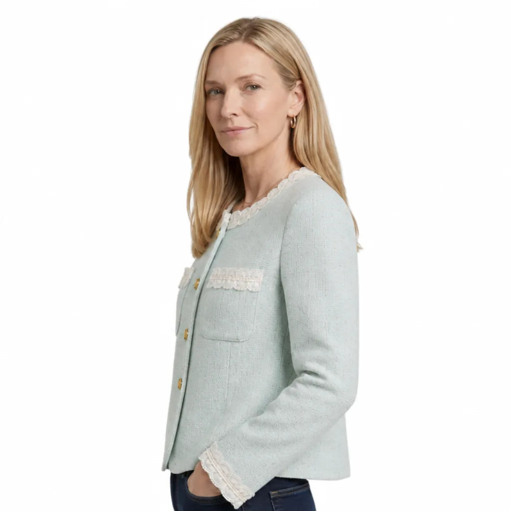 Women's Round Neck Jacket with Contrast Pocket Trim - Light Green
