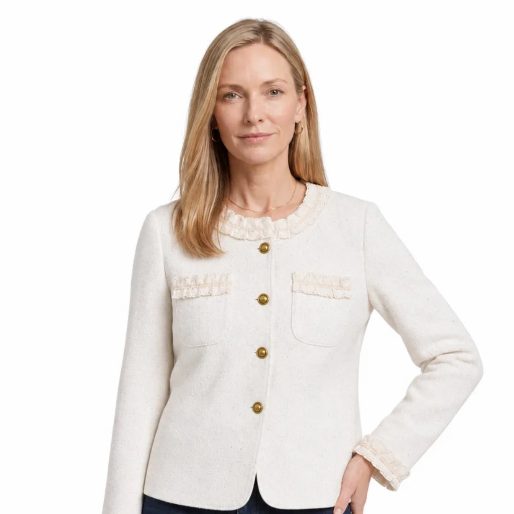 Women's Round Neck Jacket with Contrast Pocket Trim - Off White