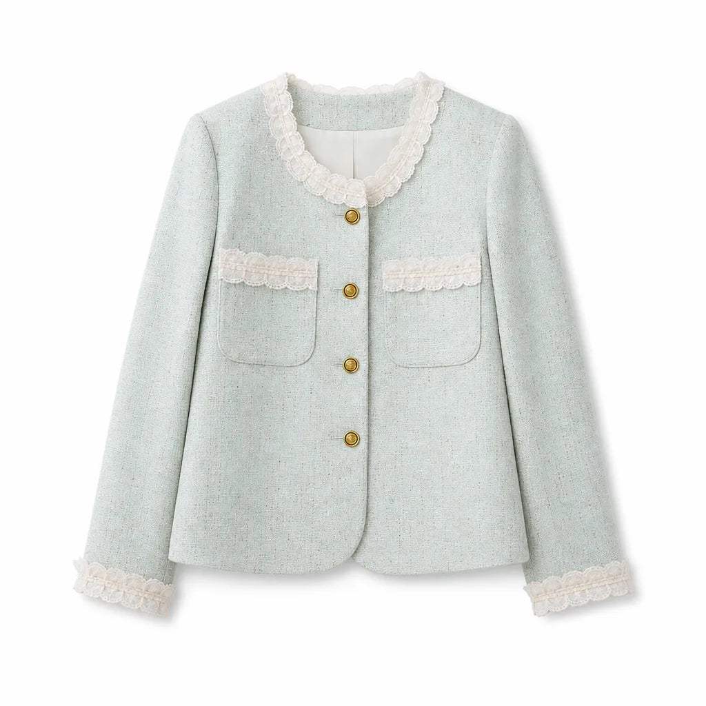Women's Round Neck Jacket with Contrast Pocket Trim - Light Green