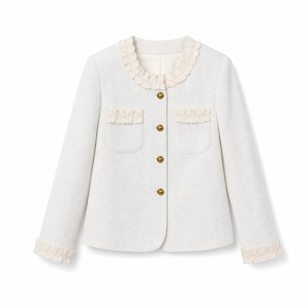 Women's Round Neck Jacket with Contrast Pocket Trim - Off White