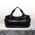 Women's Rounded Shoulder Bag with Buckled Handle Tabs - Black