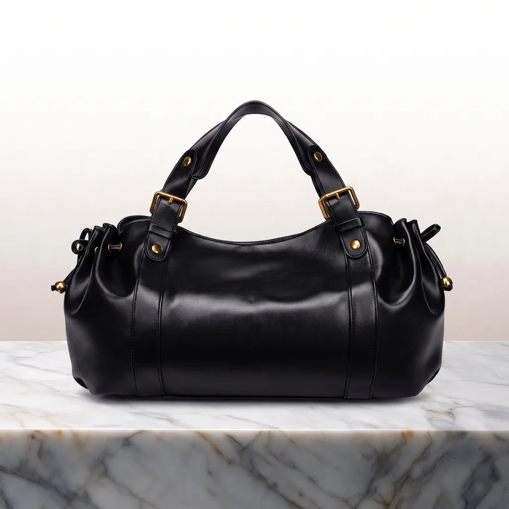 Women's Rounded Shoulder Bag with Buckled Handle Tabs - Black