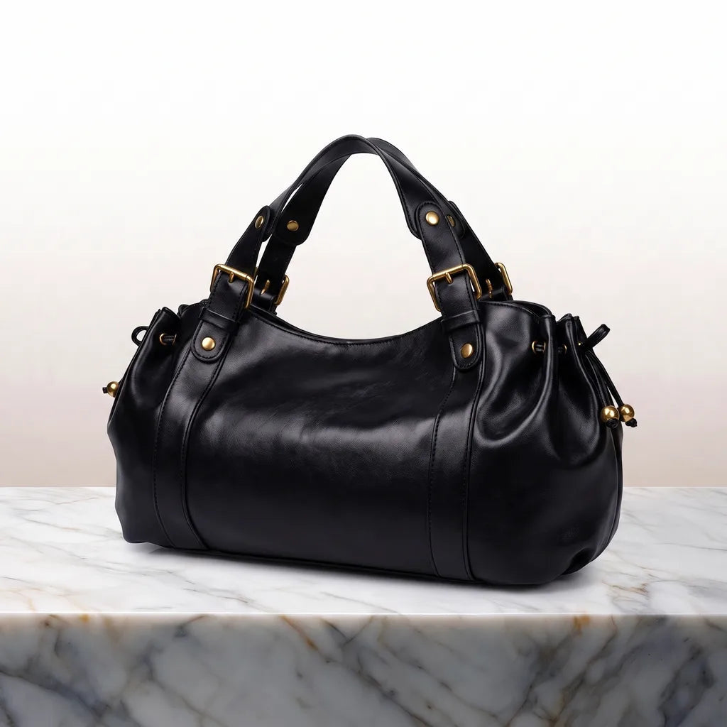 Women's Rounded Shoulder Bag with Buckled Handle Tabs - Black