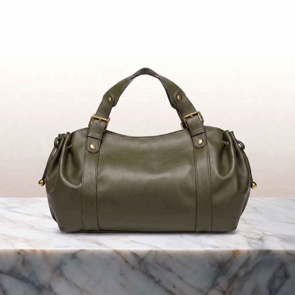 Women's Rounded Shoulder Bag with Buckled Handle Tabs - Green