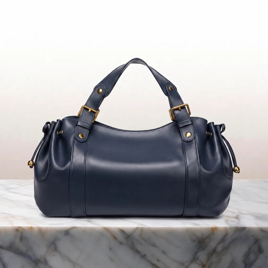 Women's Rounded Shoulder Bag with Buckled Handle Tabs - Blue