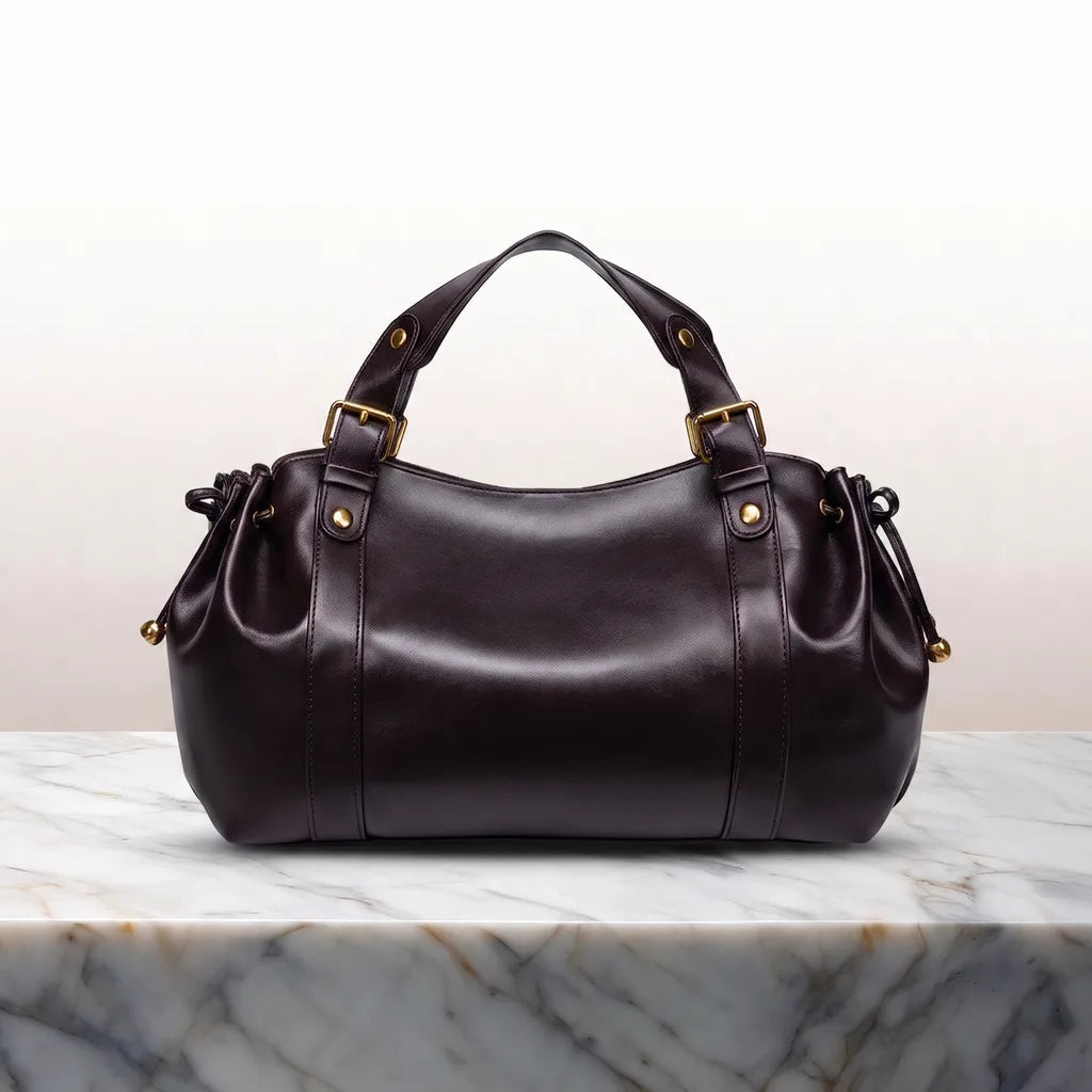 Women's Rounded Shoulder Bag with Buckled Handle Tabs - Brown