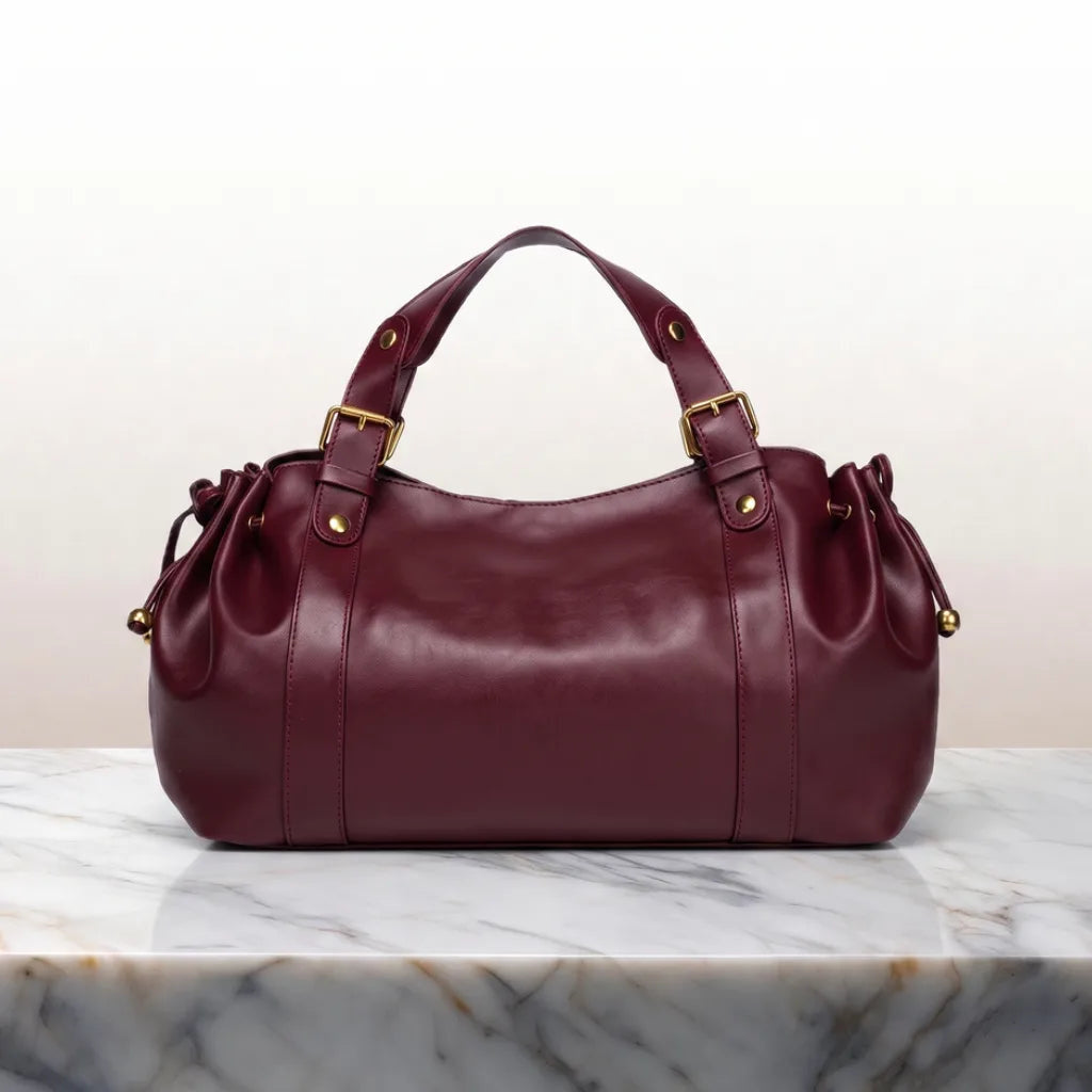 Women's Rounded Shoulder Bag with Buckled Handle Tabs - Red