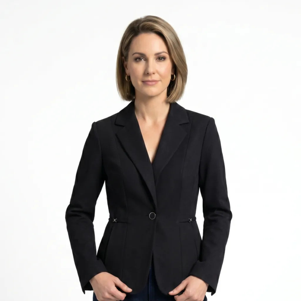 Women's Shaped Waist Blazer with Single Button Front - Black