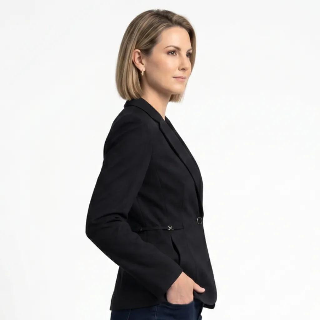 Women's Shaped Waist Blazer with Single Button Front - Black