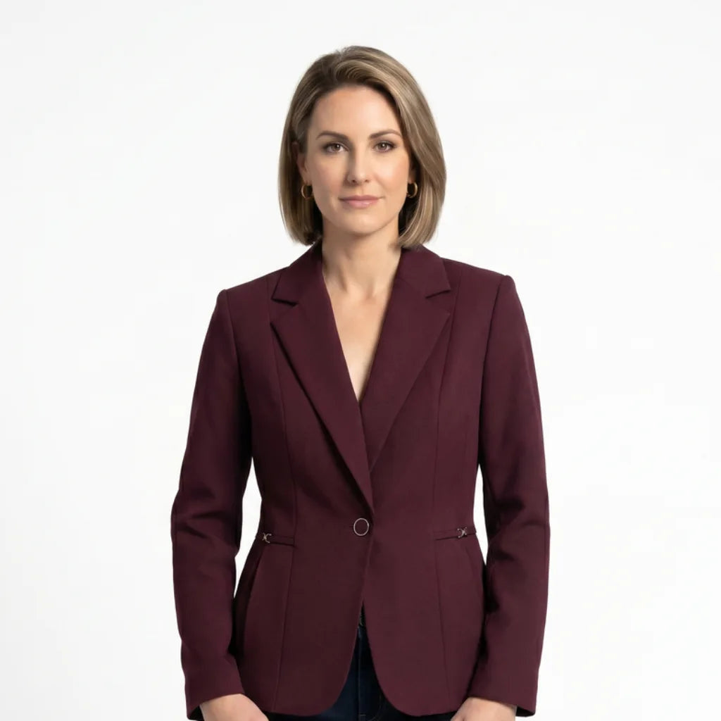 Women's Shaped Waist Blazer with Single Button Front - Burgundy