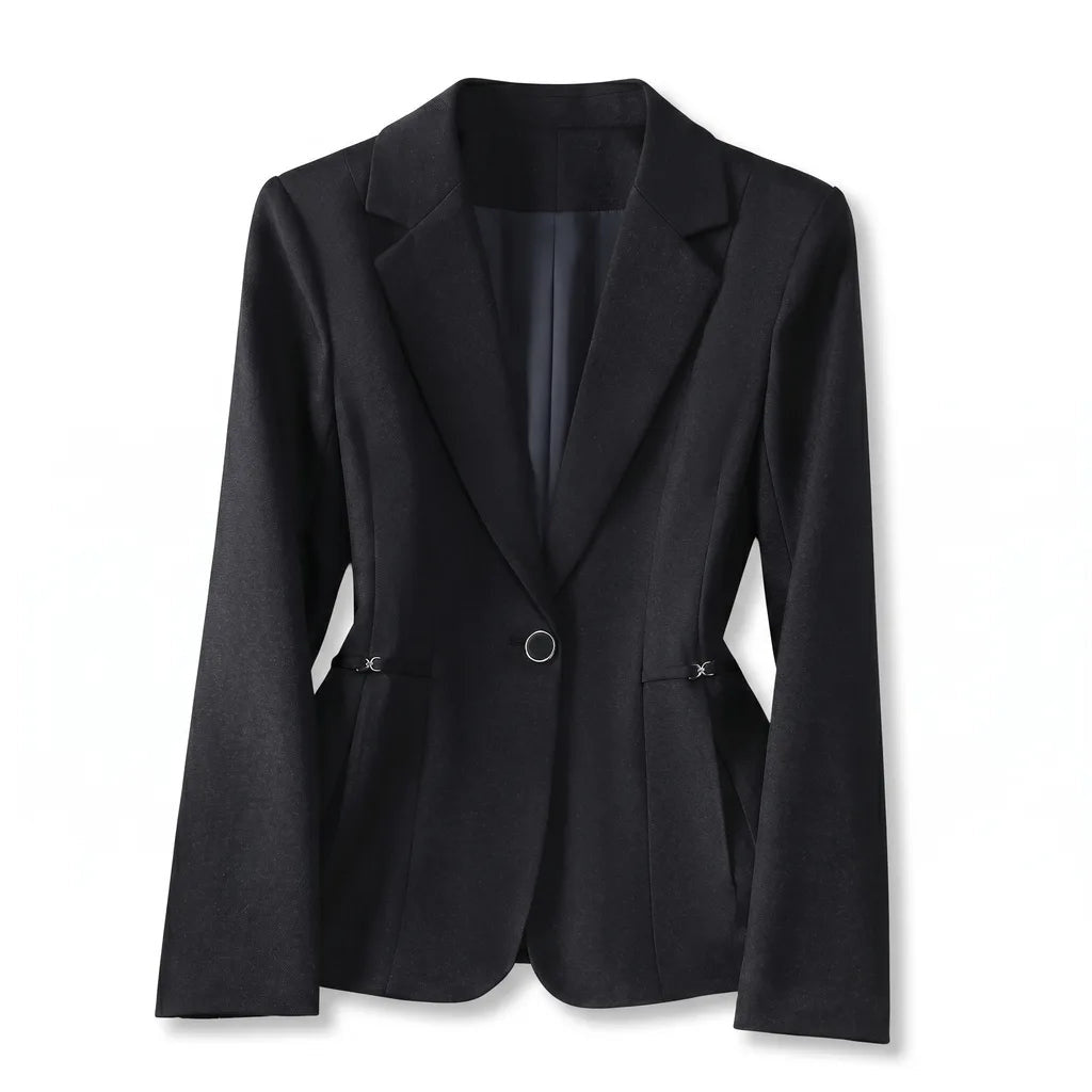 Women's Shaped Waist Blazer with Single Button Front - Black