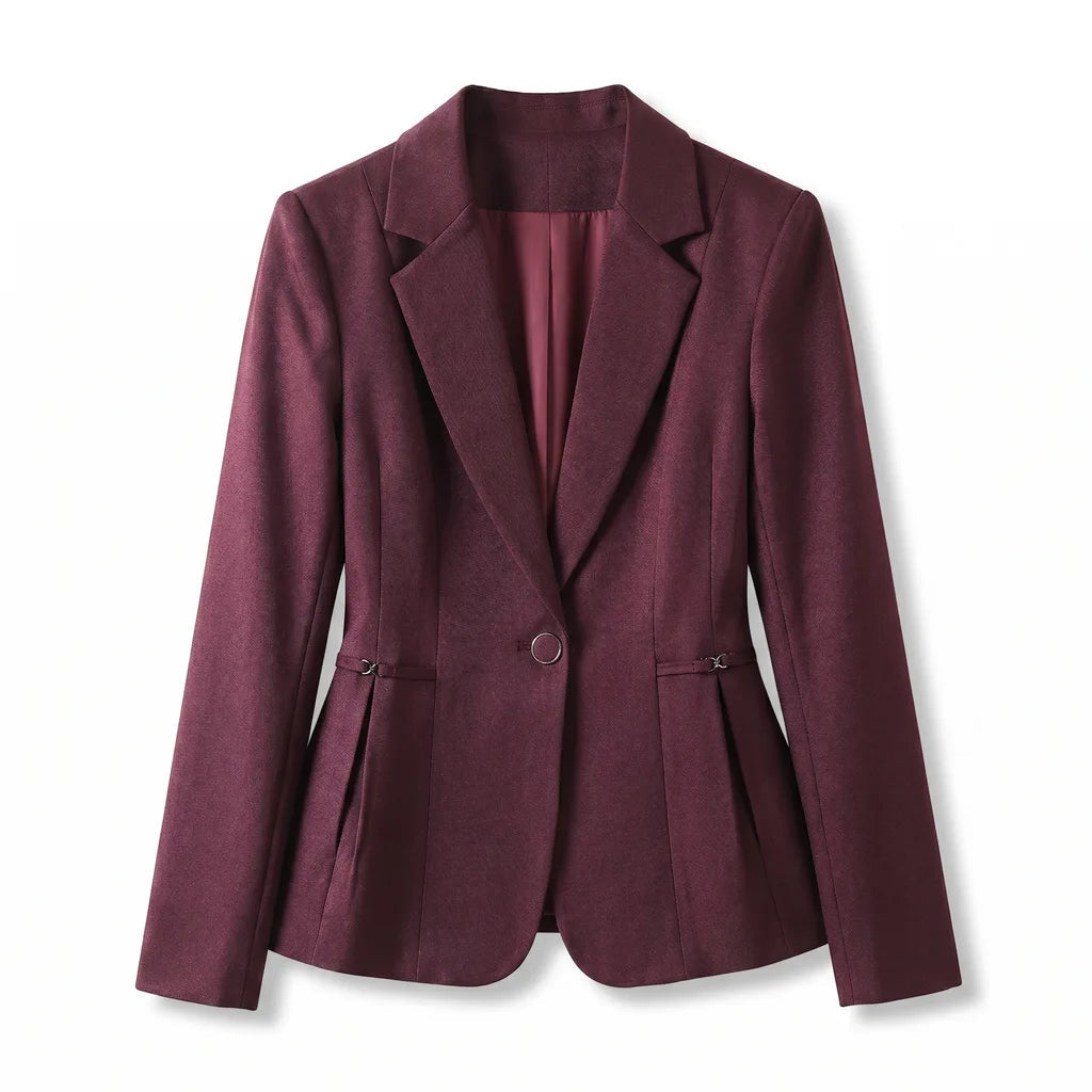 Women's Shaped Waist Blazer with Single Button Front - Burgundy