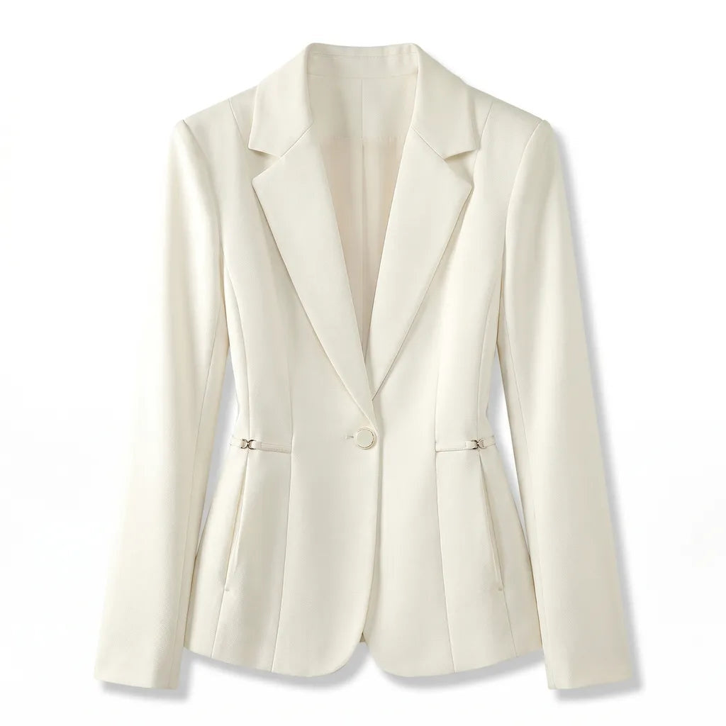 Women's Shaped Waist Blazer with Single Button Front - Off-White