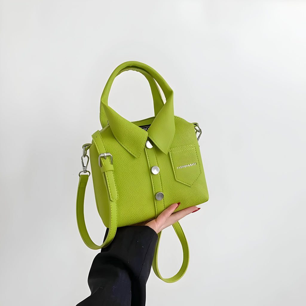 Women's Shirt Collar Handbag with Button Front Detail - Green