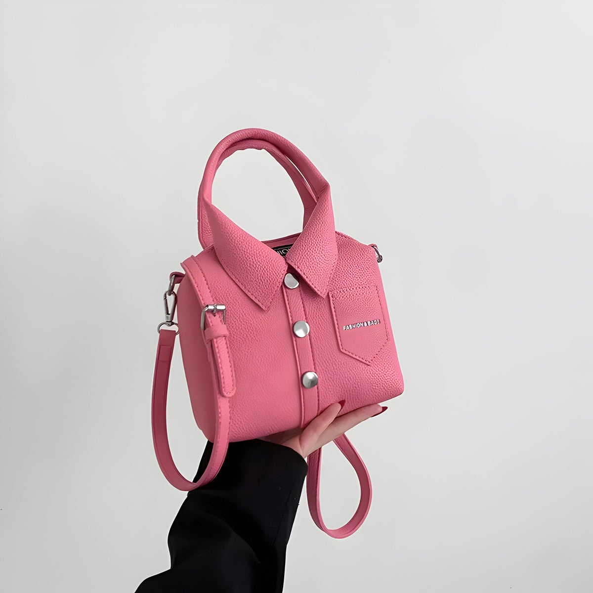 Women's Shirt Collar Handbag with Button Front Detail - Pink
