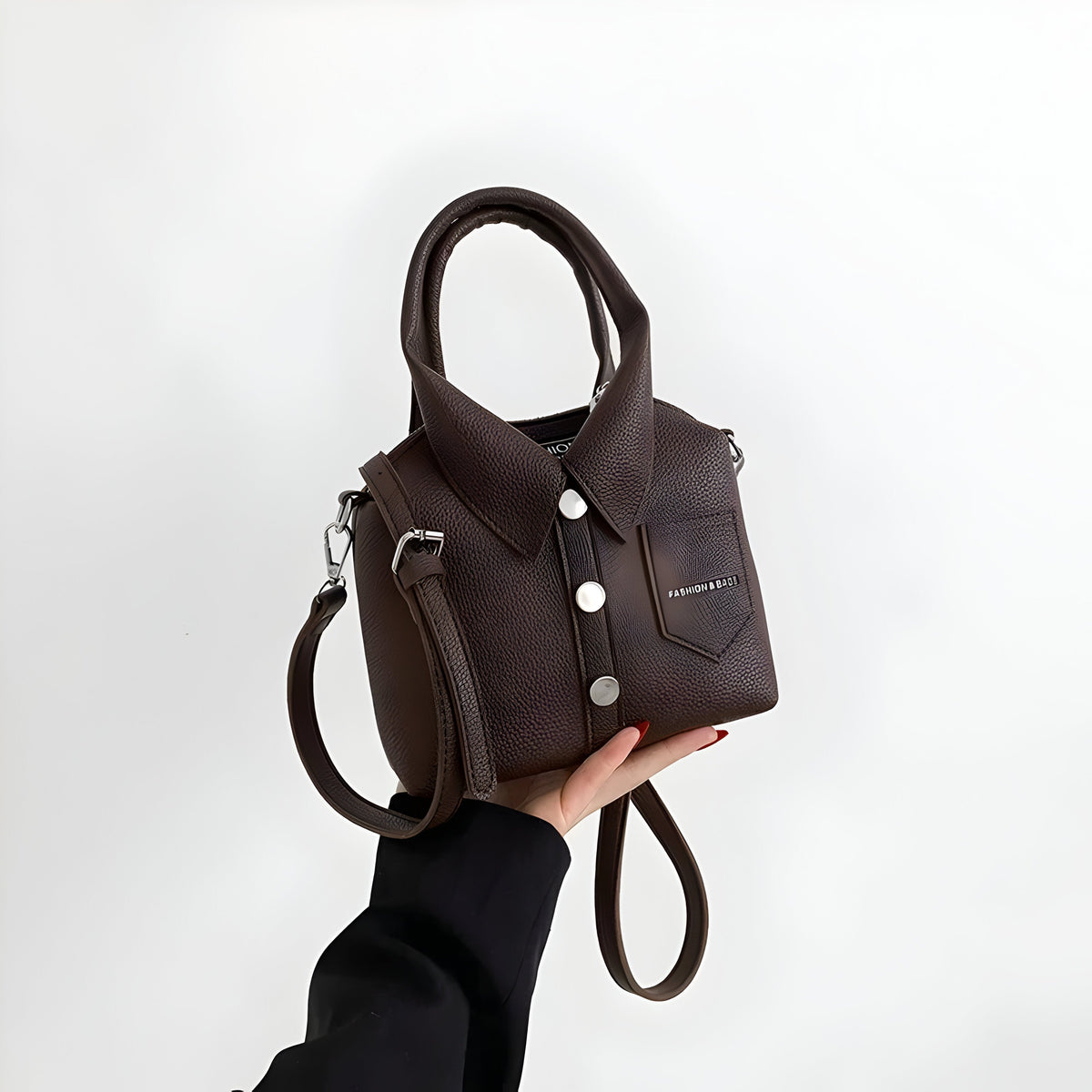 Women's Shirt Collar Handbag with Button Front Detail - Brown