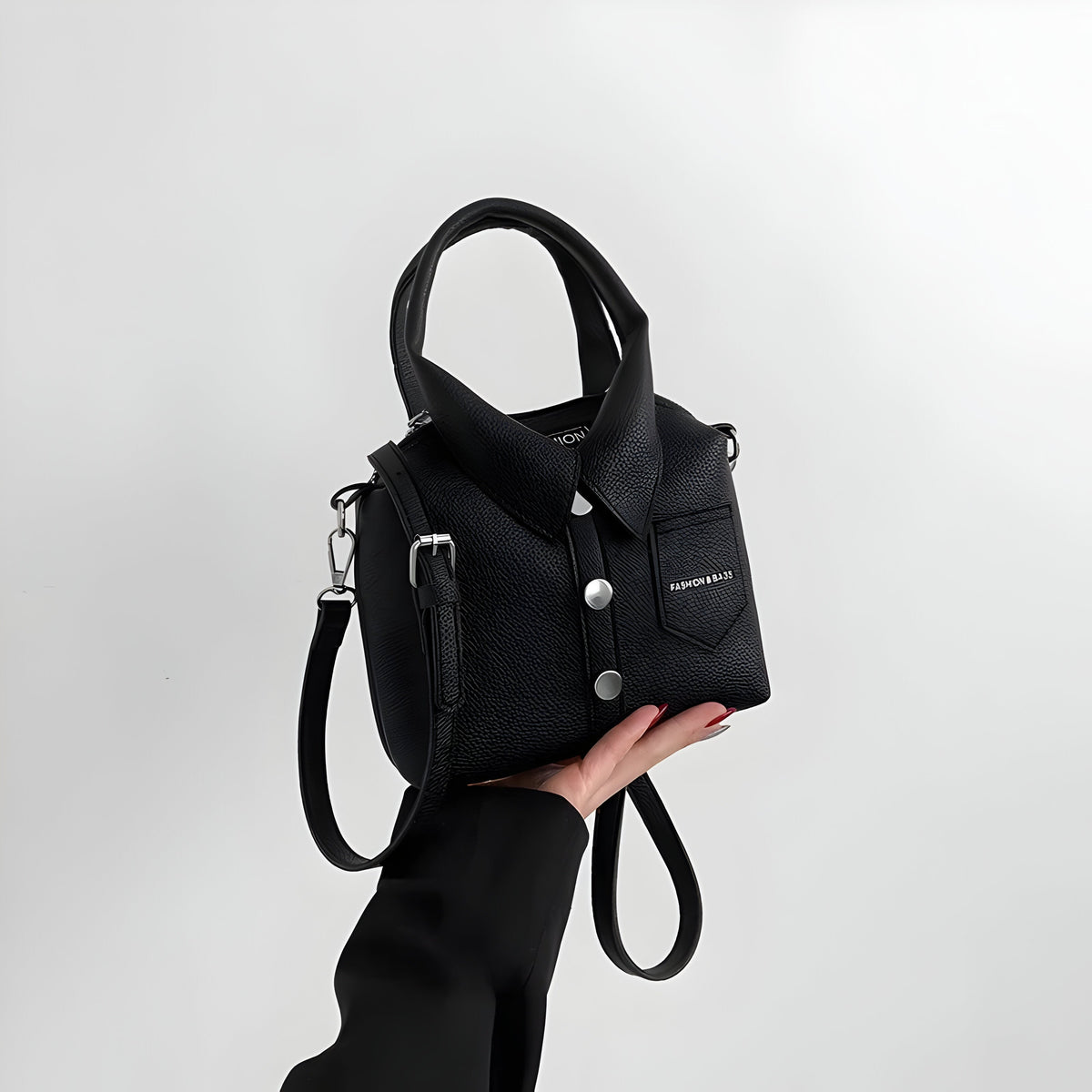 Women's Shirt Collar Handbag with Button Front Detail - Black