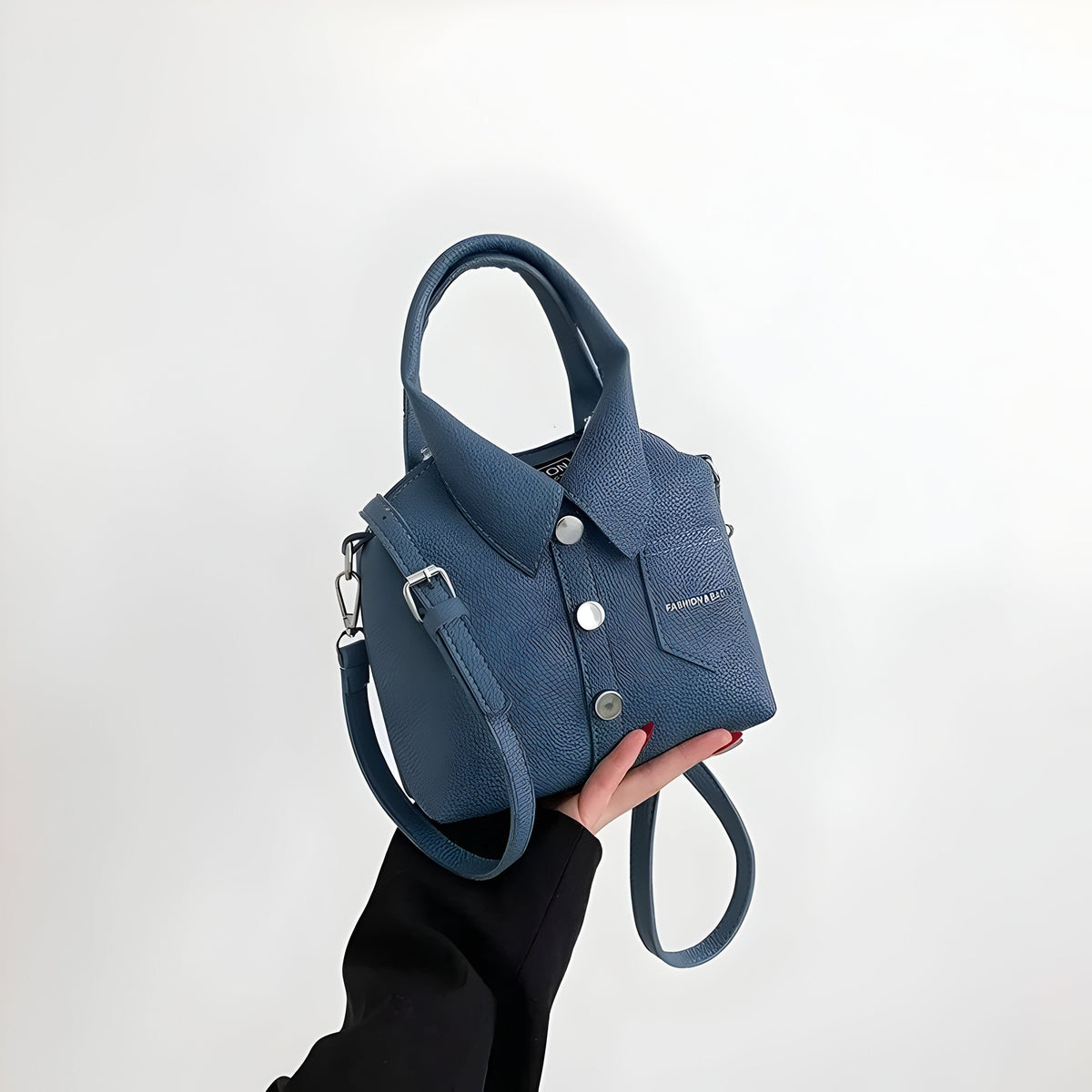 Women's Shirt Collar Handbag with Button Front Detail - Blue