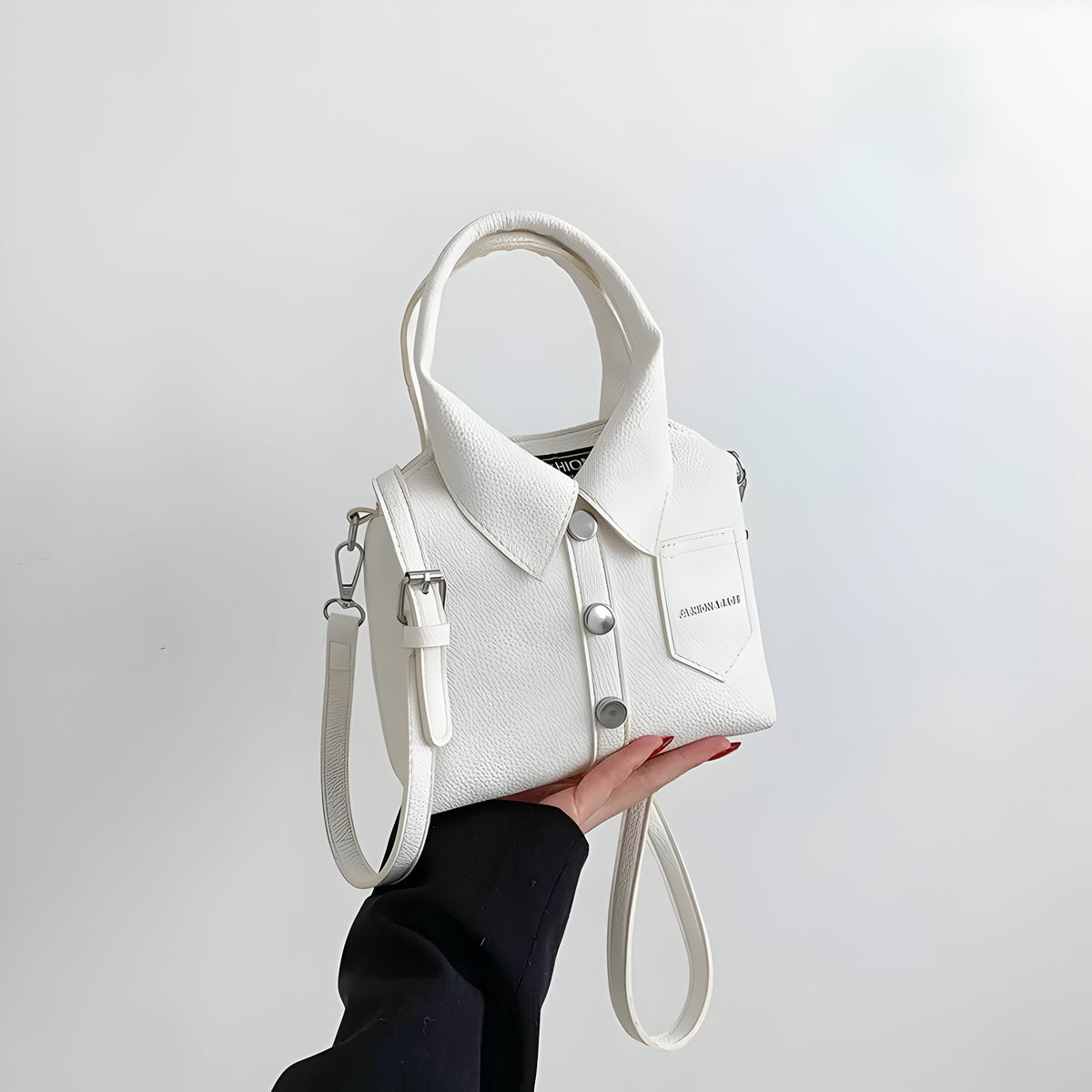 Women's Shirt Collar Handbag with Button Front Detail - White