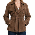 Women's Short Belted Coat with Double Button Front - Brown
