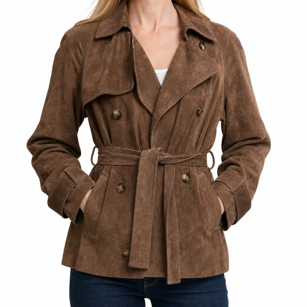 Women's Short Belted Coat with Double Button Front - Brown