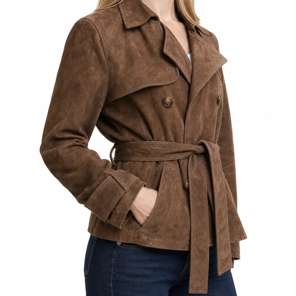 Women's Short Belted Coat with Double Button Front - Brown