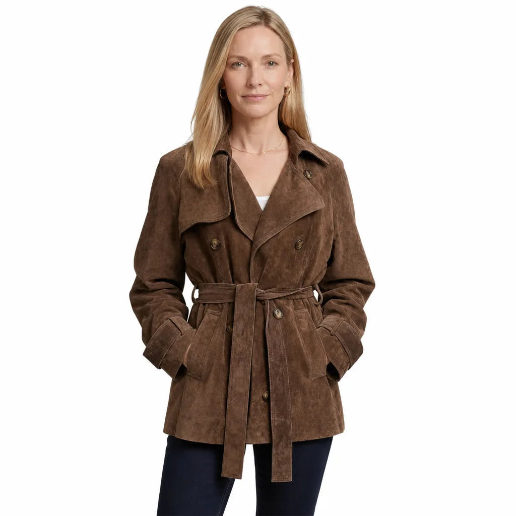 Women's Short Belted Coat with Double Button Front - Brown