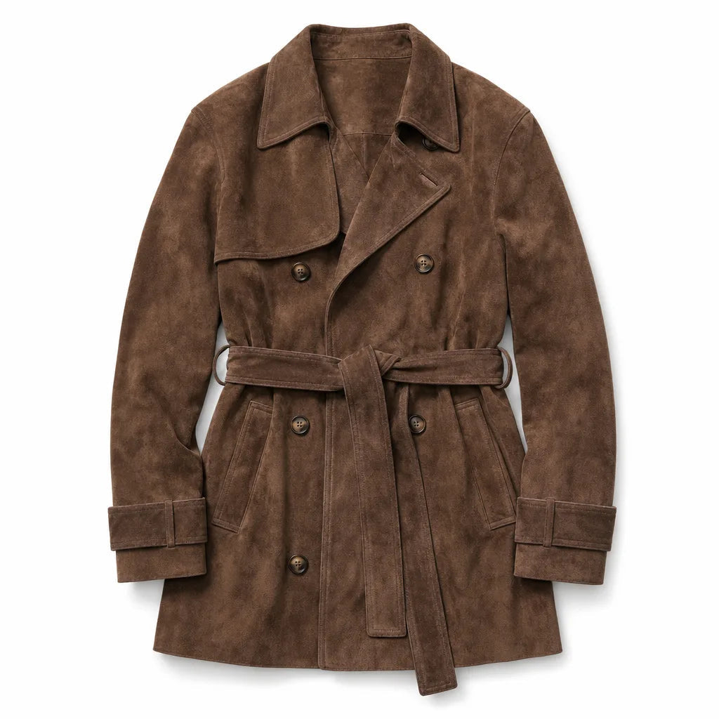 Women's Short Belted Coat with Double Button Front - Brown