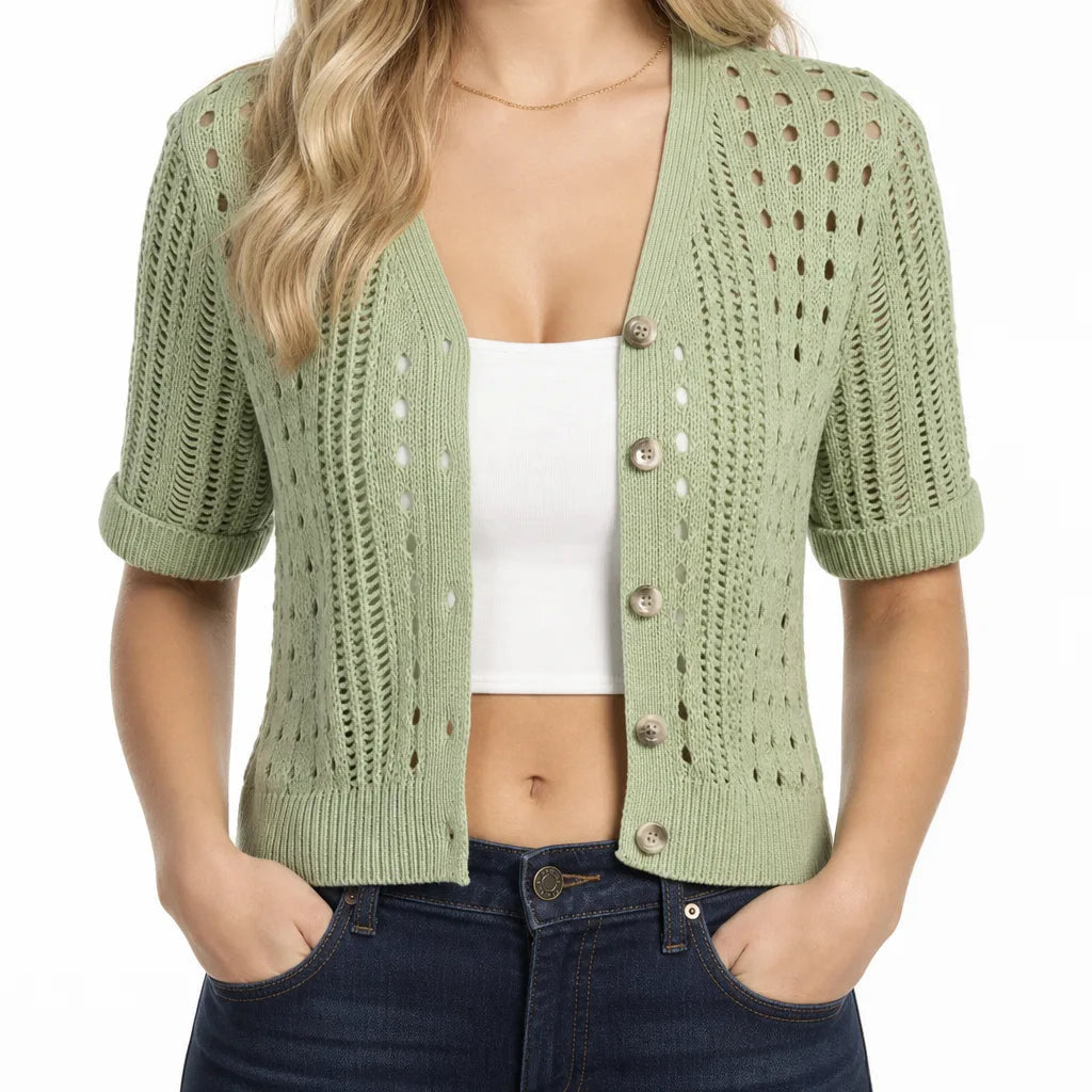 Women's Short Sleeve Openwork Cardigan with Buttons - Matcha