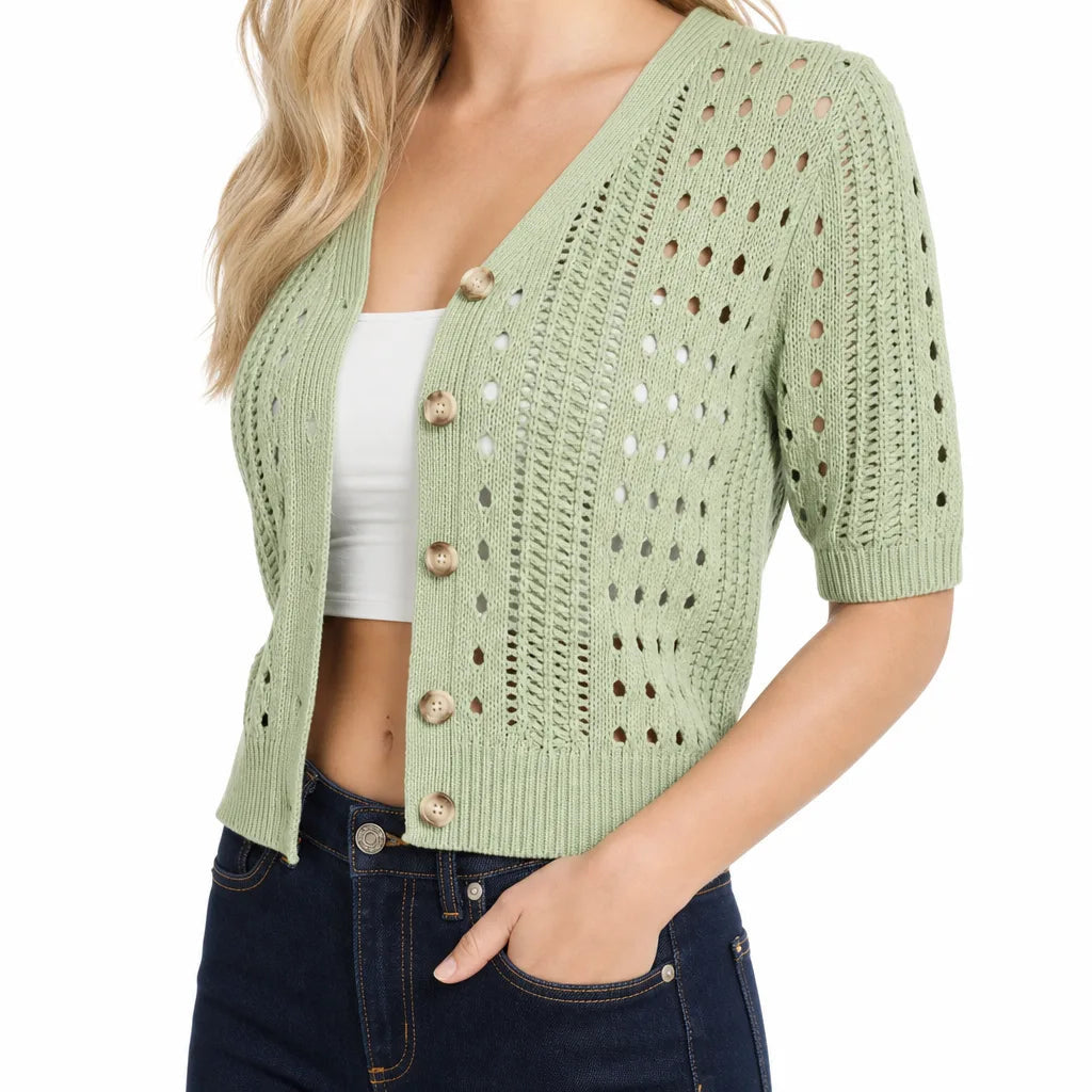 Women's Short Sleeve Openwork Cardigan with Buttons - Matcha