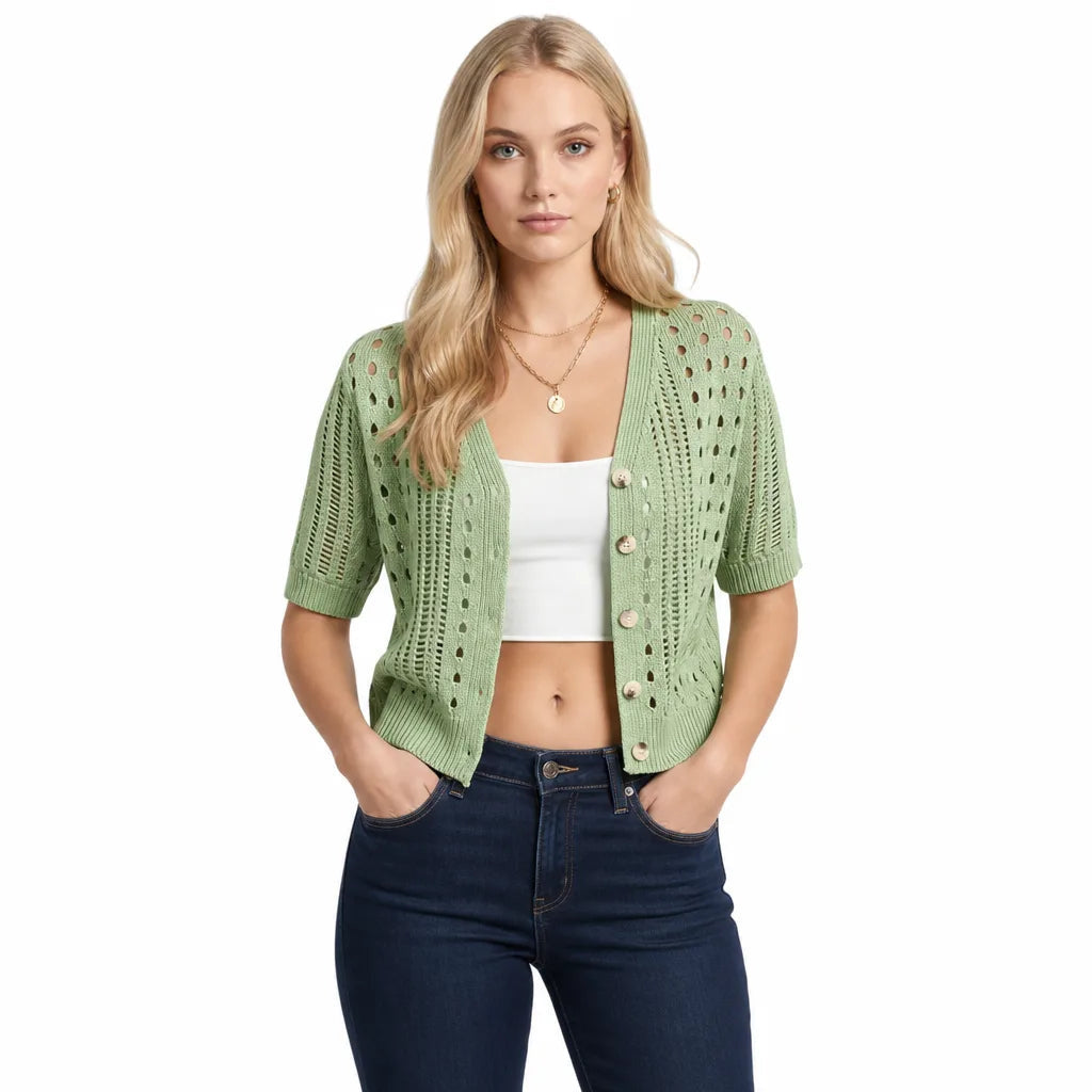Women's Short Sleeve Openwork Cardigan with Buttons - Matcha