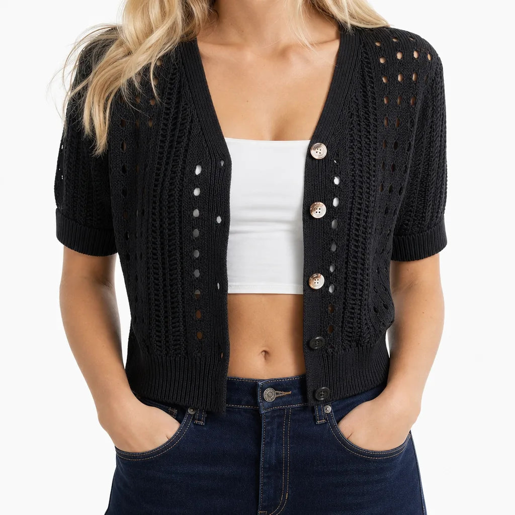 Women's Short Sleeve Openwork Cardigan with Buttons - Black